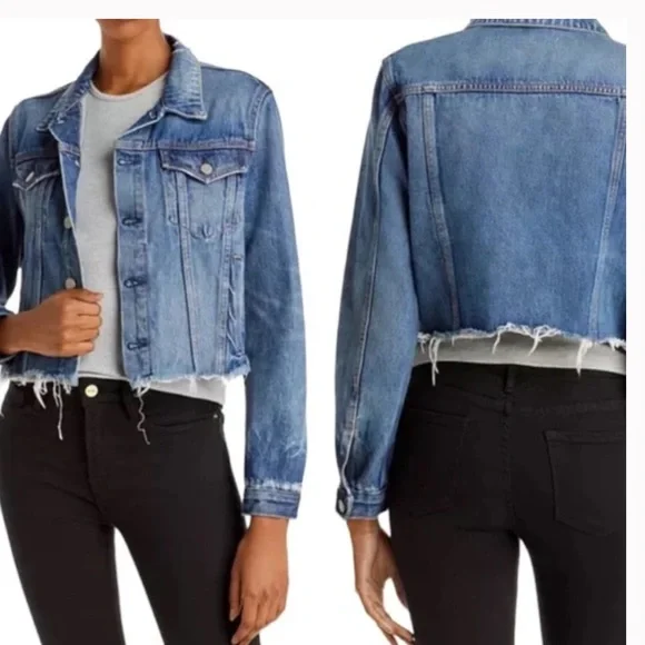 GRLFRND CARA Denim Jacket Raw Hem Distressed Wash - Picture 1 of 7